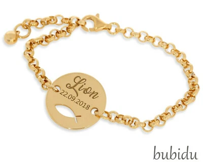 GALWANI Namensarmband Gravur vergoldet Taufarmband Ichthys Fisch Armband Junge Mädchen