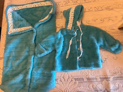 Chaqueta y manta infantil conjunto de 2 piezas a juego hecho a mano azul suave acogedor invierno # Foto 1 de 4