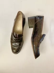 Joan & David Croc Leather Loafers Block Heel Italy 37.5 7.5 Brown - Picture 1 of 13