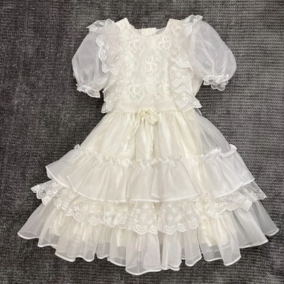 Vestido De Colección Campana Dorada Blanco Gasa Encaje Volantes Desfile Fiesta Círculo Completo Niñas 7 Foto 1 de 4