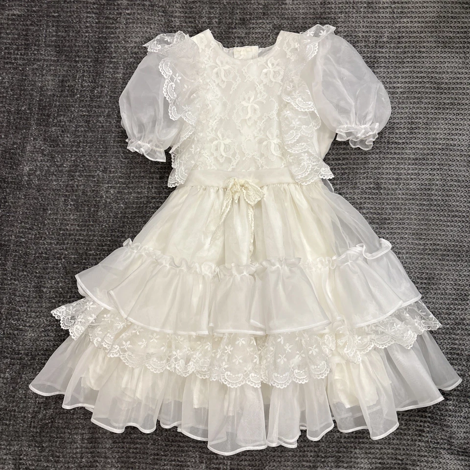 Vestido De Colección Campana Dorada Blanco Gasa Encaje Volantes Desfile Fiesta Círculo Completo Niñas 7 Foto 1 de 4