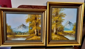 Vintage Pair Framed Mountain Landscape Oil on Board Paintings. Signed CHARLES. - Foto 1 di 10