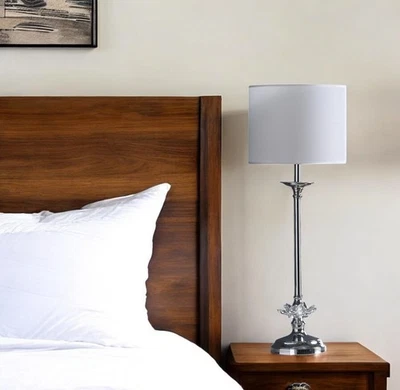 26" Silver Metal And Faux Crystal Table Lamp With White Cylinder Shade - Image 1 of 4