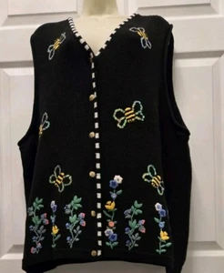 Vtg Quaker Factory Women's Black Vest W/ Embroidered Flowers & Bee's Sz 3X - Picture 1 of 9