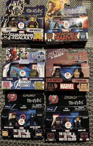Marvel Minimates Lot (6) Avengers Black Widow Falcon Capt America Vision Rocket Cover