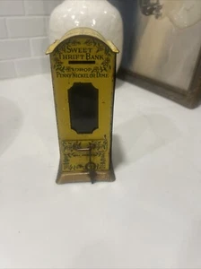Rare 1920’s Tin Litho Vending Machine Bank “Sweet Thrift Bank” With Key 6” - Picture 1 of 14