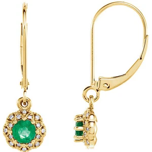 Pendientes de esmeralda y diamantes genuinos en oro amarillo de 14 K - Imagen 1 de 2