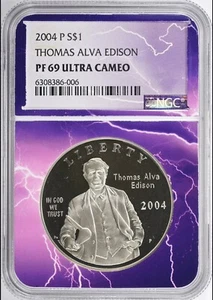 2004-P Thomas Alva Edison Silver Dollar NGC Proof 69 Ultra Cameo Lightning Slab - Picture 1 of 2