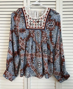 Anthropologie Seen Worn Kept Minuet Blouse Women's M Blue Embroidered Flowy Boho - Picture 1 of 18
