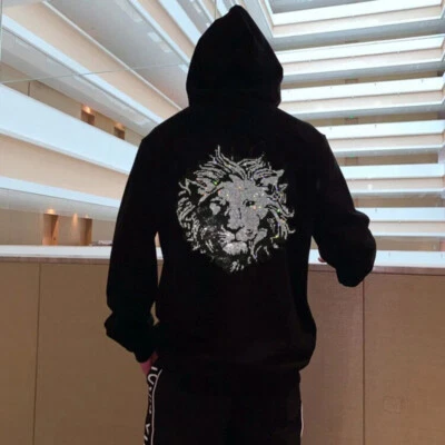 Fashion Lion Rhinestones Winter Warm Hat Hoodie Men Luxury Sweatshirt Pullover - Image 1 of 4