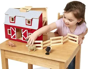 Kids Pretend Play Fold and Go Farmer Wooden Barn With 7 Animal Figures Toy Set - Picture 1 of 3