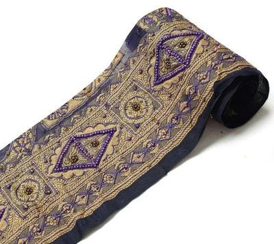 Cinta de encaje tejida con borde de sari azul vintage Sushila artesanía india Foto 1 de 4