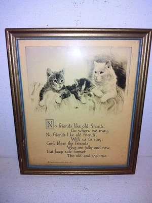 VINTAGE FRAMED BUZZA MOTTO PRINT NO FRIENDS LIKE OLD FRIENDS CATS /KITTENS - Image 1 of 4