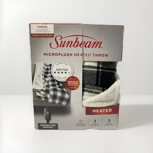 Sunbeam Electric Fleece Heated Throw Blanket 50x60" Microplush Black White Plaid - Picture 1 of 8