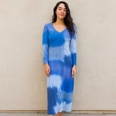 Raquel Allegra Jerry Midi Dress Womens XS 0 Blue Tie Dye Patchwork Long Sleeve - Image 1 of 4