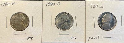 1980 (P. D, and S)  Jefferson Nickels from Mint and Proof Sets - Image 1 of 4