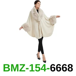 SUFCOMOU Women Cape Poncho with Fur Trim Winter Faux Fur Shawl Wrap, One Size - Picture 1 of 4