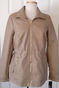 NWT Womens Kenneth Cole Reaction Full Zip Faux Leather Knit Jacket Khaki Beige M - Picture 1 of 2