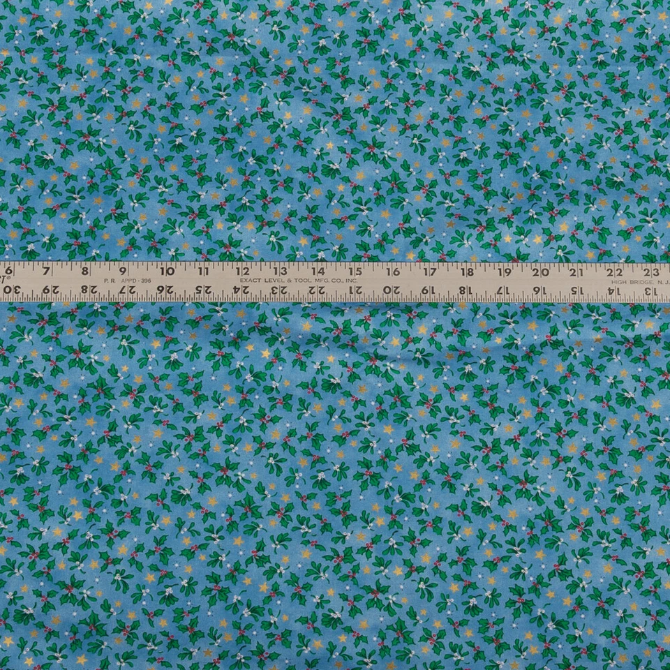 Christmas Holly Gold Metallic Stars Blue Cotton Fabric 2 Yards - Image 1 of 1
