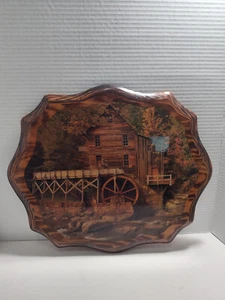 Shellac Wood Art Watermill Scenery Vintage Wall Art - Picture 1 of 1