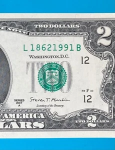 L 1862 1991 B TRAILING YEAR 1991 $2 Two Dollar Bill Serial Number 2017A *UNC* - Picture 1 of 3