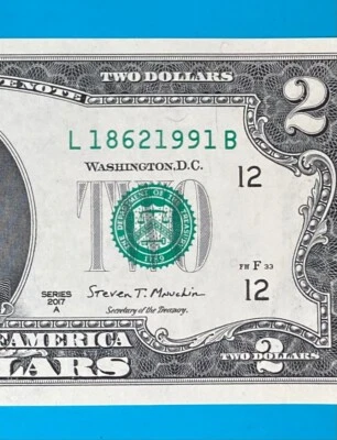 L 1862 1991 B TRAILING YEAR 1991 $2 Two Dollar Bill Serial Number 2017A *UNC* - Image 1 of 3