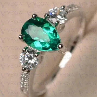 2.77ct Pear Cut Green Natural Emerald Gemstones Diamond Ring Real 14K White Gold - Image 1 of 4