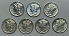 Lot of 7 Au+ Mercury Silver Dimes. Mixed Dates 1939 Through 1945 P D S Mints