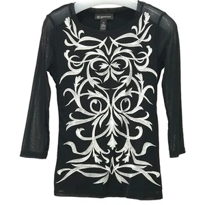 INC Womens Black Silver Embroidered  Pullover Top Sheer Mesh Petite Medium PM - Picture 1 of 11
