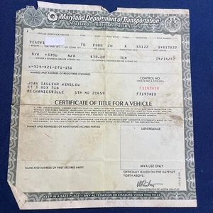 1970 Ford 2H Certificate Historical Document Maryland - Picture 1 of 3
