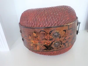 Antique Chinese Woven Large Round Wedding Rice Storage Basket Hand Painted - Picture 1 of 8