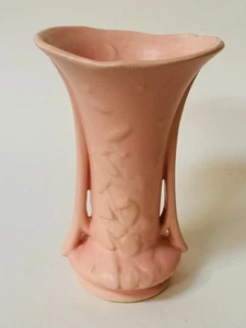 Vtg McCoy Pink Ceramic Vase ~Floral Relief Art Pottery ~ 8" USA Matte Finish - Picture 1 of 10