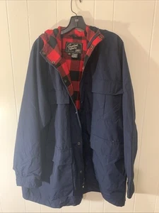 Chaqueta de escudero inglesa vintage para hombre 2X abrigo grande forrado de franela azul con capucha años 90 - Imagen 1 de 5