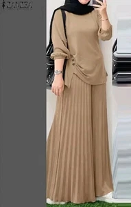 ZANZEA 2 piezas Trajes Hiyab Modesto Musulmán Dobladillo Irregular Top y Plisado Pierna Ancha - Imagen 1 de 4
