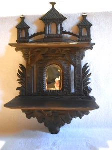 ANTIQUE HAND CARVED ORNATE DARK WOOD WALL SHELF WITH MIRROR - Picture 1 of 9