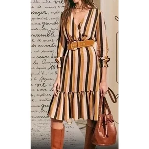 Sezane Titiane 3/4 Sleeve Striped V Neck Midi Dress in Hazel Tan Stripe 34 US 2 - Picture 1 of 13