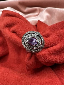 Vtg Amethyst Marcasite Round Ring. Sz 8. Smashed on the back. 6.6 Grams. See pic - Picture 1 of 7