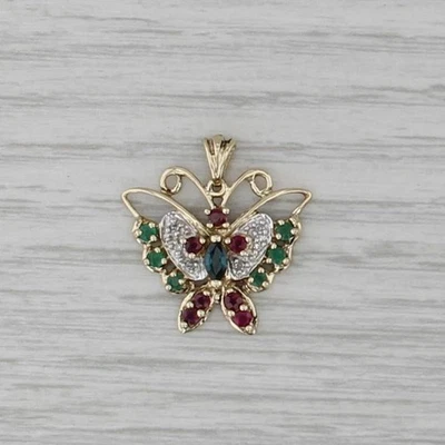 0.78ctw Edelstein Schmetterling Anhänger 10k Gold Rubin Smaragd Saphir Diamant - Bild 1 von 4