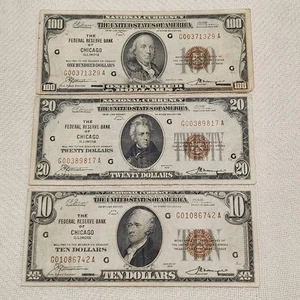 US $10, $ 20 and $100 dollar 1929 Federal Reserve Bank of Chicago Notes (3) - Picture 1 of 20