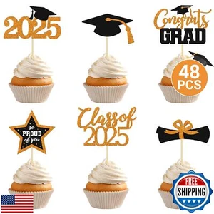 48 PCS Graduation Cupcake Toppers 2025, 6 Style Black and Orange Graduation D - Picture 1 of 5