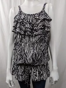 KAREN KANE BLACK & WHITE ZEBRA 100% SILK RUFFLE TANK TUNIC TOP SZ M - Picture 1 of 4