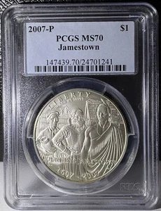 2007-P $1 Silver Jamestown 400th Anniversary Dollar Coin PCGS MS70 - Picture 1 of 2