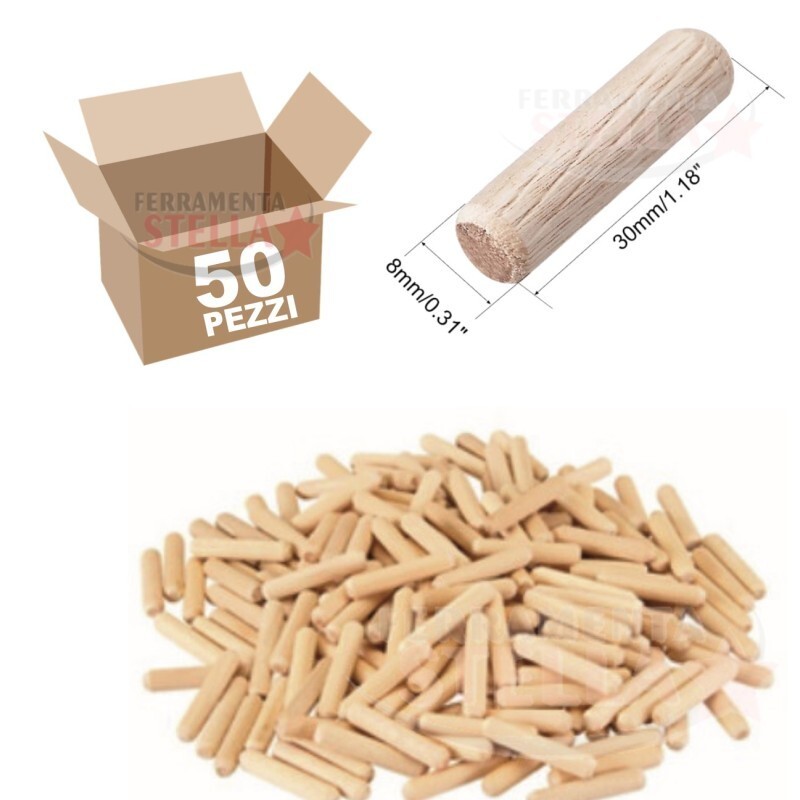 Tasselli In Legno Di Faggio - Scatola Da 1 Kg (circa 725 Pezzi), Dimensioni 8x40 Mm, Qualit&agrave; DIN 68150
