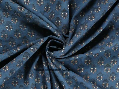 Indian Ajrakh Blue Floral Hand Block Print Running Cotton Voile Fabric 5/10 Yard - Image 1 of 3