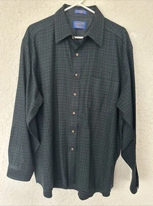 Vintage PENDLETON Men's Green/Blue Plaid Button 100% Virgin Wool Shirt Size XL - Picture 1 of 4