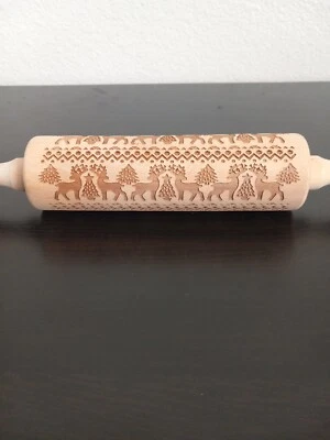 Embossed Rolling Pin Christmas/Winter Deer Theme Wood BRAND NEW - Image 1 of 4