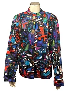 Chicos Abstract Print Jacket Button Front Colorful Artsy Statement Shacket SZ 2 - Picture 1 of 9