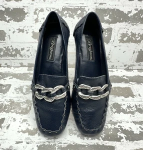Brighton Klee Loafer Flats Womens Size 7.5M Navy Blue Slip On Chain Link Detail - Picture 1 of 15