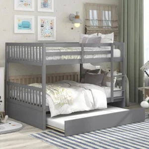 Full Over Full Bunk Bed w/Twin Trundle Convertible to 2 Platform Bed for Teens - Picture 1 of 6