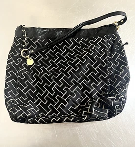 TOMMY HILFIGER Polyester Exterior Snap Geometric Black Satchel Bag - Foto 1 di 7
